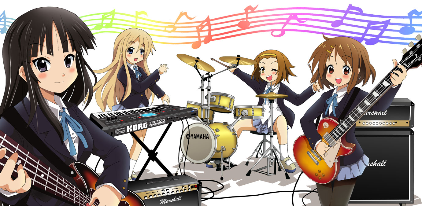 colonel aki, akiyama mio, hirasawa yui, kotobuki tsumugi, tainaka ritsu, k-on!, korg, marshall, eyebrows, 00s, 4girls, amplifier, band (music), bass guitar, blush, drum, drum set, electric guitar, gibson les paul, guitar, ho-kago tea time, instrument, keyboard, keyboard (instrument), multiple girls, musical note, one eye closed, open mouth, pantyhose, school uniform, smile, synthesizer, wink, yamaha