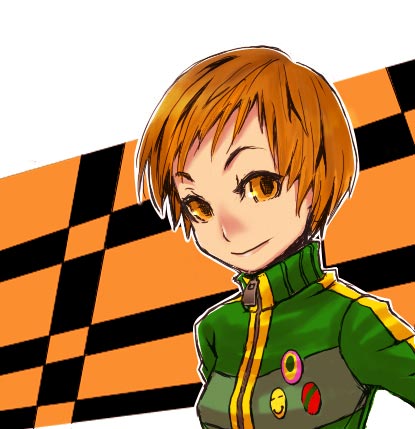 satonaka chie, atlus, persona, persona 4, lowres, 1girl, female focus, jacket, lapel pin, short hair, solo, tomboy, track jacket