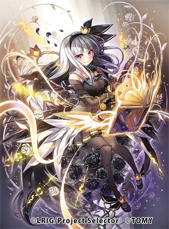 chachie, alfou (wixoss), wixoss, official art, 1girl, aura, black flower, black gloves, black hair, black hairband, black pantyhose, black rose, black shoes, black skirt, book, braid, breasts, closed mouth, copyright notice, covered navel, feathered wings, flower, gloves, grey hair, hair ornament, hairband, large breasts, long hair, multicolored hair, open book, pantyhose, red eyes, rose, see-through cleavage, see-through clothes, shoes, single braid, skin tight, skirt, solo, very long hair, white flower, white rose, white wings, wings
