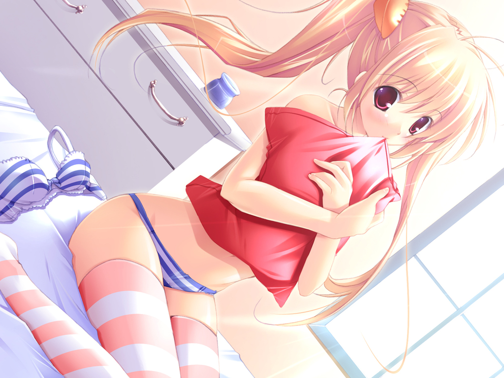 mikeou, minamino nanami, konneko, character request, source request, 1girl, bed, biting, blonde hair, female focus, hugging object, long hair, pillow, pillow hug, red eyes, sitting, solo, thighhighs, twintails, underwear