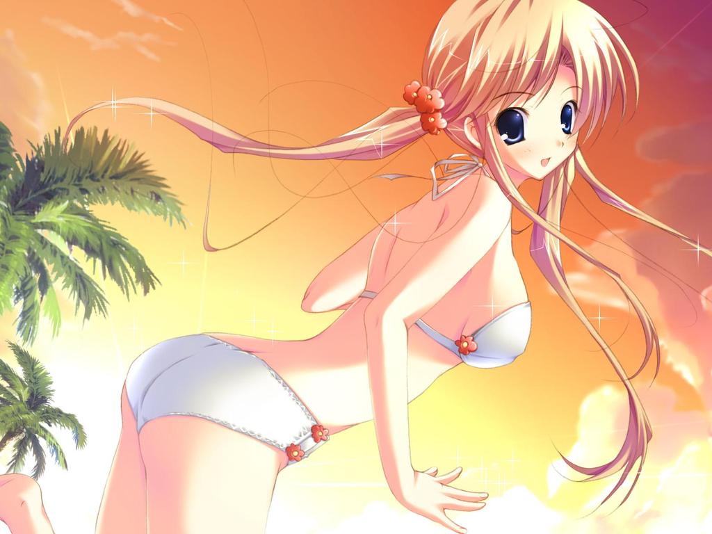 beach, bikini, blonde hair, blue eyes, bra, breasts, lingerie, long hair, palm tree, sideboob, smile, sunset, swimsuit, thighhighs, tree, twintails, underwear