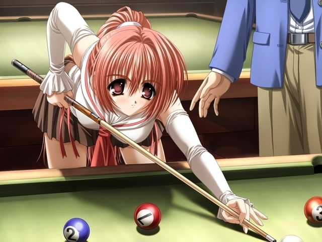 caramelbox, norita, tagme, bent over, billiards, brown eyes, cue stick, elbow gloves, gloves, long hair