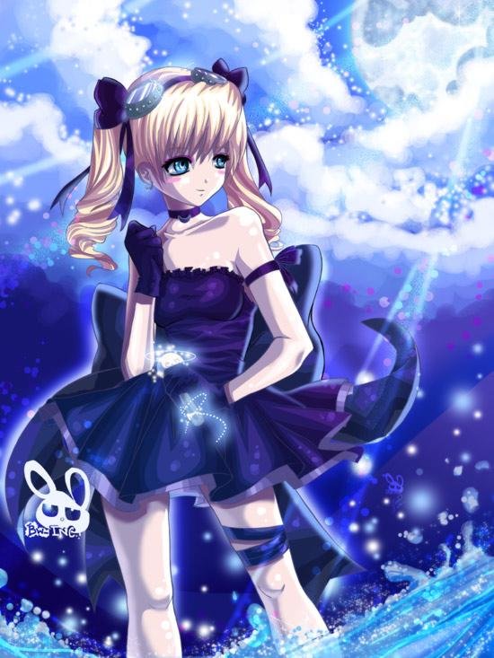 tagme, black dress, blonde hair, blue eyes, bwzing, choker, curly hair, dress, water