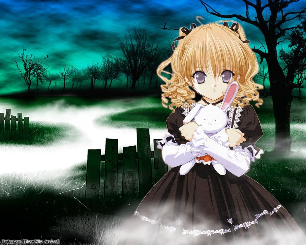 black dress, blonde hair, curly hair, dress, fence, fog, graveyard, hair ribbon, holding, jewelry, necklace, purple eyes, rabbit, ribbon