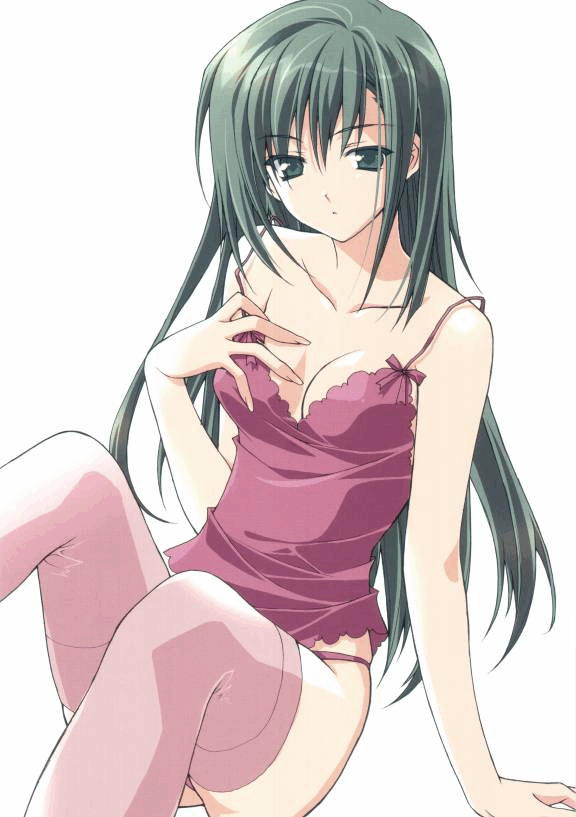 breasts, cleavage, green eyes, green hair, long hair, sitting, thighhighs