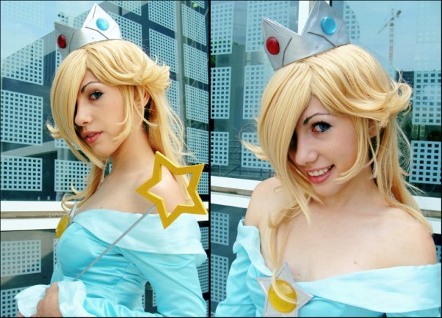 rosalina, mario (series), nintendo, real life, super mario bros. 1, super mario galaxy, cosplay photo, photo (medium), 1girl, bare shoulders, blonde hair, cosplay, crown, dress, hair over one eye, smile, wand