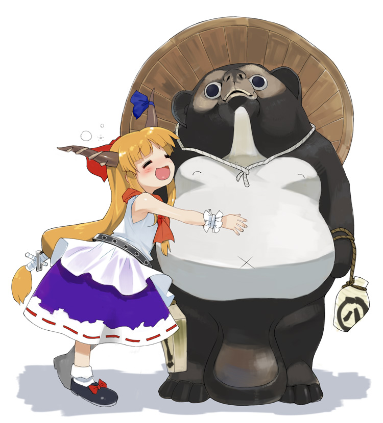 tonbi, ibuki suika, touhou, bad id, bad pixiv id, 1boy, 1girl, blush, drunk, full body, horns, hug, long hair, orange hair, standing, statue, tanuki, testicles, white background
