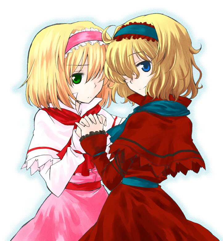 myama, alice margatroid, touhou, bad id, bad pixiv id, colorized, 1girl, alternate color, blonde hair, blue eyes, capelet, dress, dual persona, female focus, frills, green eyes, hair over one eye, hairband, holding hands, player 2, short hair, standing, white background