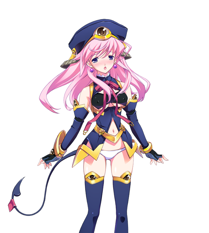 matsuo yukihiro, seira orgel, seira orgel (post-awakening), blood tune, chaos;head, science adventure, shiny eyes, game cg, official art, 1girl, arm belt, bandeau, bare shoulders, beret, black bandeau, black gloves, blue hat, blue sleeves, blue thighhighs, blush, covered erect nipples, demon tail, detached sleeves, earrings, embarrassed, eyeball beret, eyeball hat ornament, eyeball sleeves, eyeball thighhighs, fingerless gloves, gloves, gold trim, hat, jewelry, long hair, looking at viewer, magical girl, narrowed eyes, navel, neck ribbon, necktie, open mouth, panties, pink hair, purple eyes, red ribbon, ribbon, solo, sprite, tail, thighhighs, thighs, tongue, transparent background, underwear, weapon, white panties, zettai ryouiki