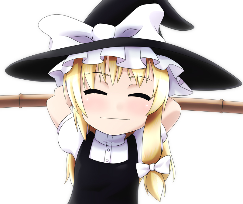 kusaba, kusaba (kusabashiki), kirisame marisa, touhou, 1girl, arms behind back, arms up, bamboo, blonde hair, bow, broom, chibi, closed eyes, female focus, hair bow, hat, smile, solo, witch, witch hat