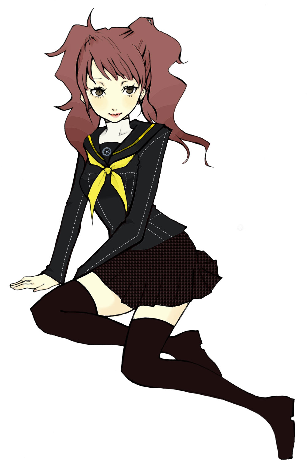 kujikawa rise, atlus, persona, persona 4, bad id, bad pixiv id, highres, school uniform, simple background, solo, thighhighs, twintails, white background, zettai ryouiki
