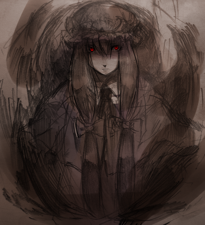 un-known (ninesix), patchouli knowledge, touhou, bad id, bad pixiv id, 1girl, female focus, hat, long hair, monochrome, red eyes, shaded face, solo, spot color