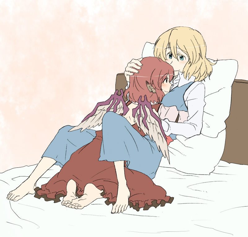 torinone, alice margatroid, mystia lorelei, touhou, 2girls, barefoot, bed, blush, feet, female focus, hand on another's head, hug, multiple girls, pillow, sitting, wings, yuri