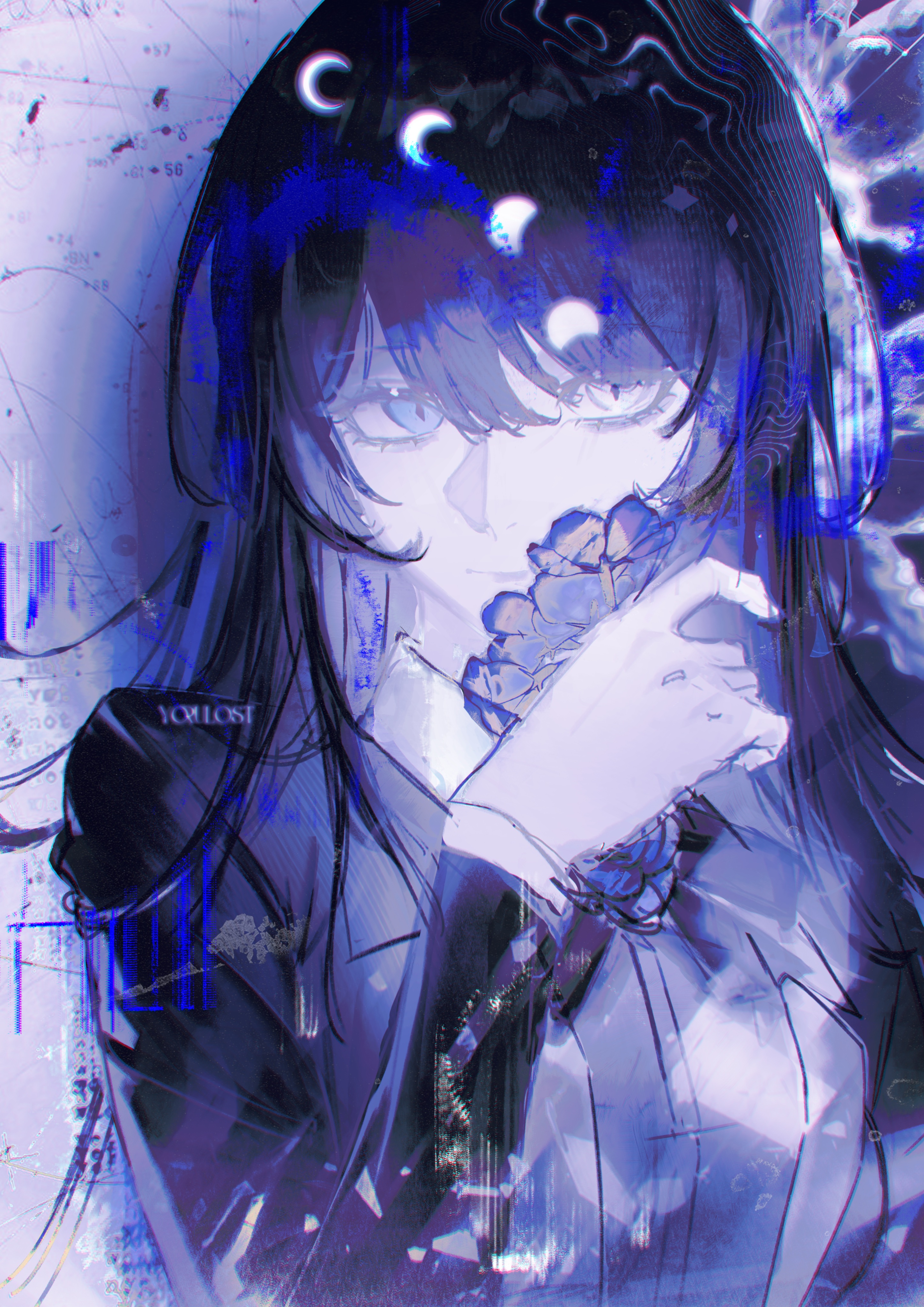yorulost, chando (ado), ado (utaite), absurdres, commentary, highres, 1girl, blue eyes, blue hair, hair between eyes, heart, long hair, long sleeves, looking at viewer, solo, upper body, utaite, white eyes