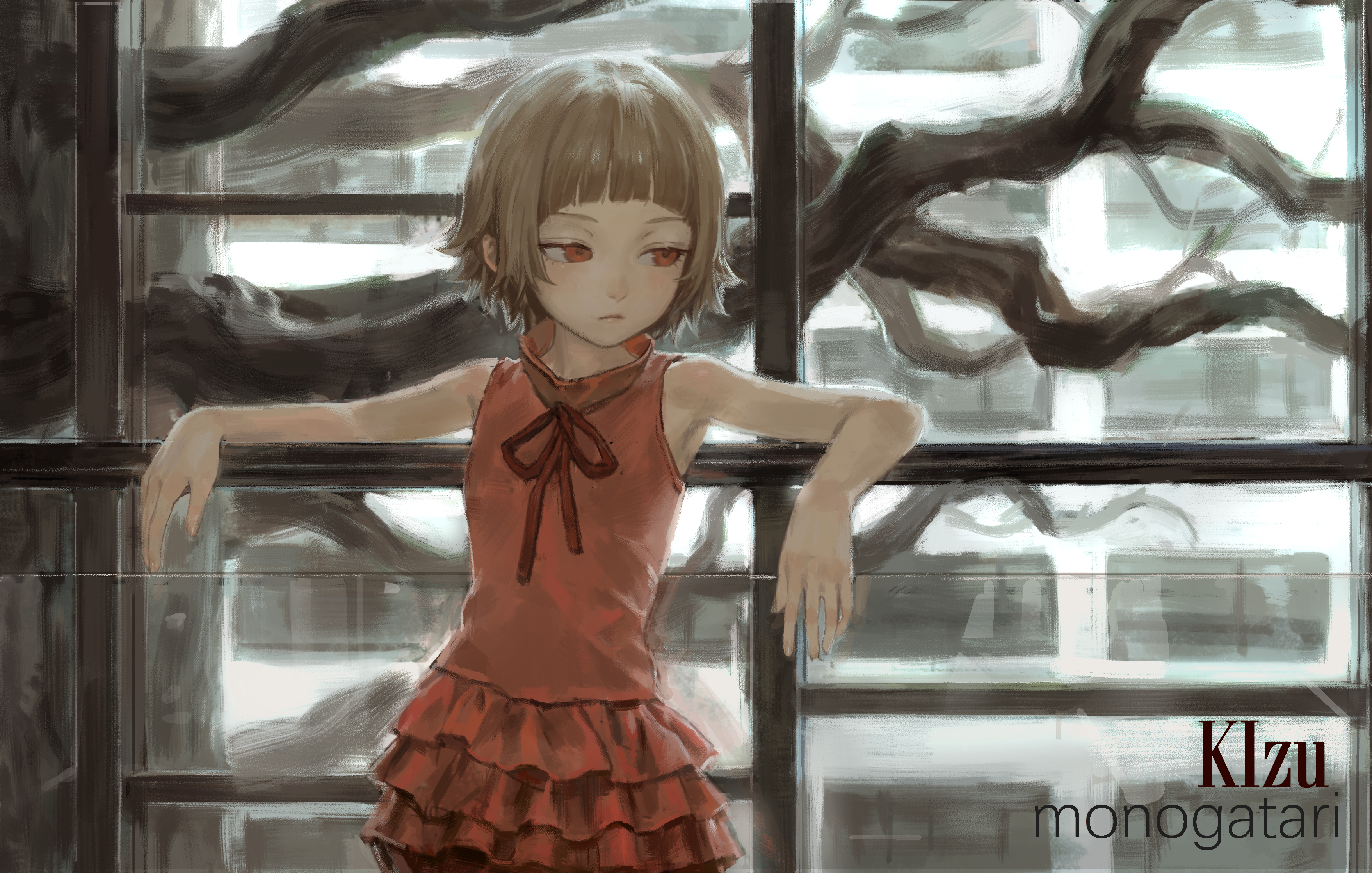solipsist, kiss-shot acerola-orion heart-under-blade, kiss-shot acerola-orion heart-under-blade (small), oshino shinobu, kizumonogatari, monogatari (series), absurdres, highres, 1girl, arched bangs, bare arms, bare shoulders, blonde hair, blunt bangs, blush, closed mouth, dress, flat chest, looking to the side, pointy ears, red dress, red eyes, short hair, sleeveless, sleeveless dress, solo, vampire