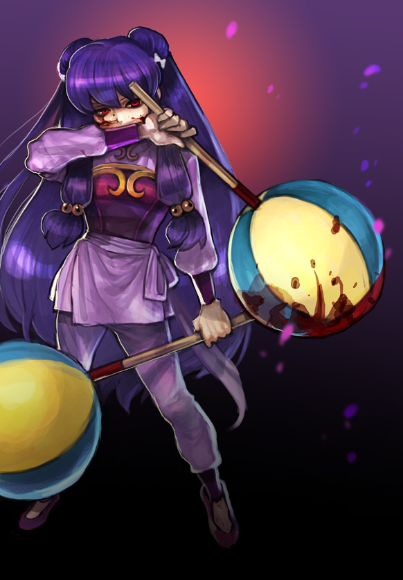 agasang, shampoo (ranma 1/2), ranma 1/2, bad id, bad pixiv id, 1girl, armor, blood, breastplate, chui (weapon), dual wielding, female focus, hair bobbles, hair ornament, holding, purple hair, red eyes, solo, weapon