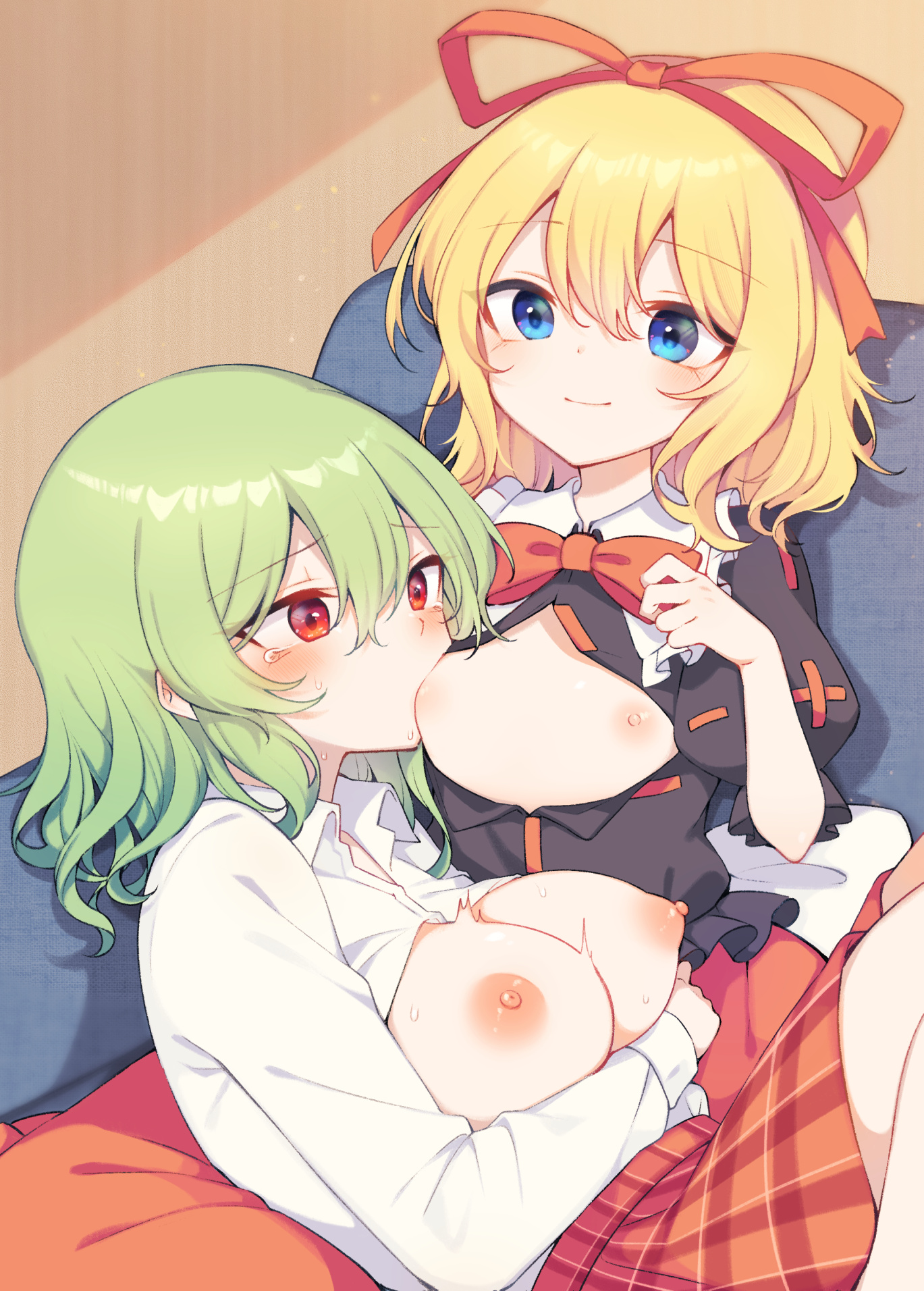 tama (soon32281), kazami yuuka, medicine melancholy, touhou, commentary request, highres, textless version, variant set, 2girls, black shirt, blonde hair, blue eyes, blush, breast sucking, breasts, breasts out, closed mouth, collared shirt, couch, green hair, hair ribbon, large breasts, long hair, lying on lap, medium hair, multiple girls, nipples, on couch, plaid clothes, plaid skirt, red eyes, red ribbon, red skirt, ribbon, shirt, sitting, skirt, small breasts, smile, sweat, tears, white shirt, yuri