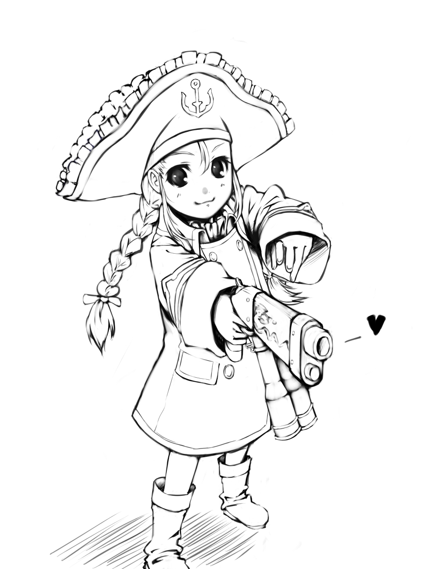 shira-kaba, patty fleur, tales of (series), tales of vesperia, 00s, 1girl, binoculars, braid, female focus, greyscale, gun, hat, heart, looking at viewer, monochrome, pirate hat, simple background, solo, weapon, white background