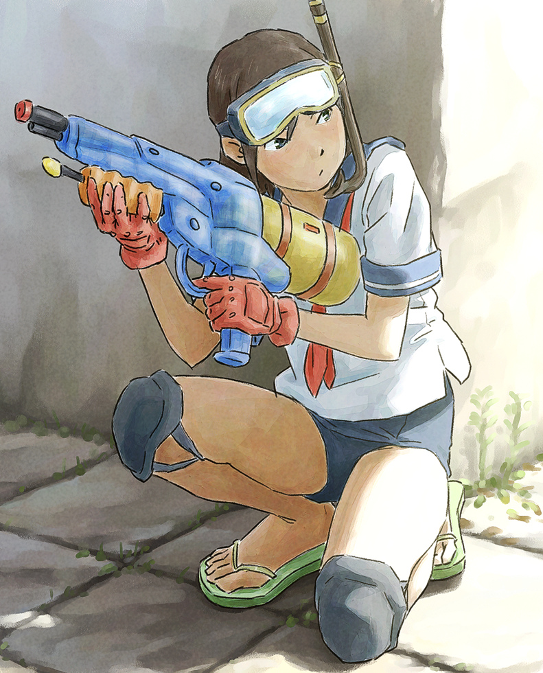 tnt (aaaazzzz), original, traditional media, 1girl, black eyes, brown hair, diving mask, female focus, flip-flops, gloves, goggles, knee pads, long hair, looking back, no pants, one-piece swimsuit, outdoors, sandals, school swimsuit, school uniform, serafuku, snorkel, solo, squatting, swimsuit, swimsuit under clothes, water gun