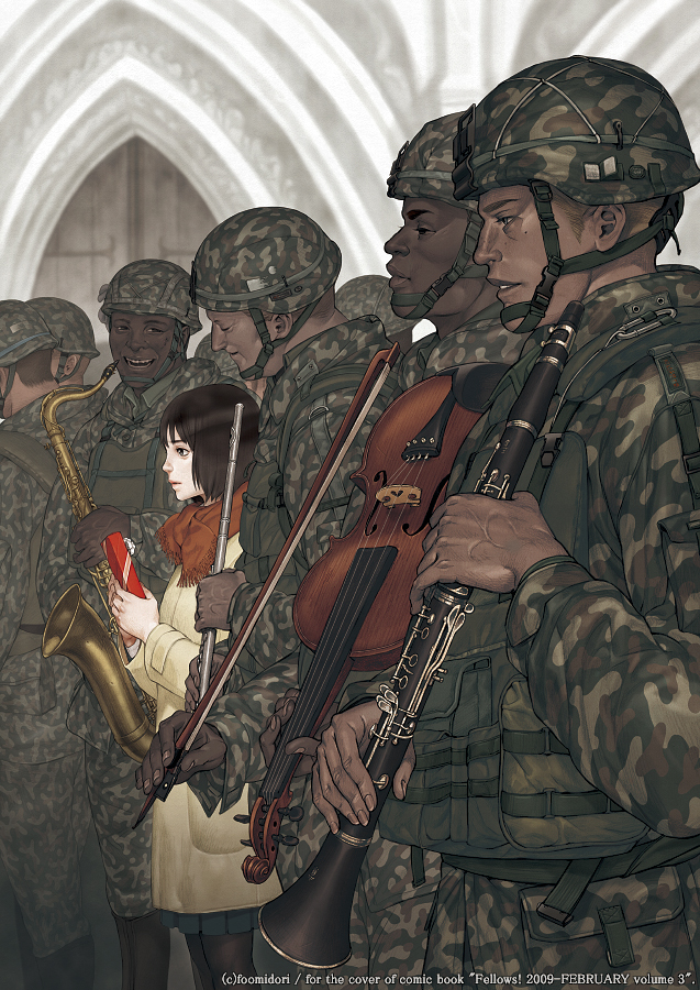 midori foo, fellows!, 1girl, 6+boys, black hair, bow (music), brown eyes, clarinet, coat, dark skin, flute, gift, helmet, instrument, military, military uniform, multiple boys, pantyhose, realistic, saxophone, scarf, short hair, skirt, smile, vest, violin