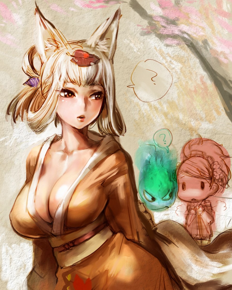 bow (bhp), inari, izuna jinkuro, jinkuro, kongiku, momohime, oboro muramasa, silver hair, 2girls, ?, animal ears, breasts, chibi, cleavage, collarbone, folded ponytail, fox ears, fox tail, hair up, hitodama, huge breasts, japanese clothes, kimono, large breasts, leaf, leaf on head, lips, looking back, multiple girls, object on head, orange eyes, tail, yukata