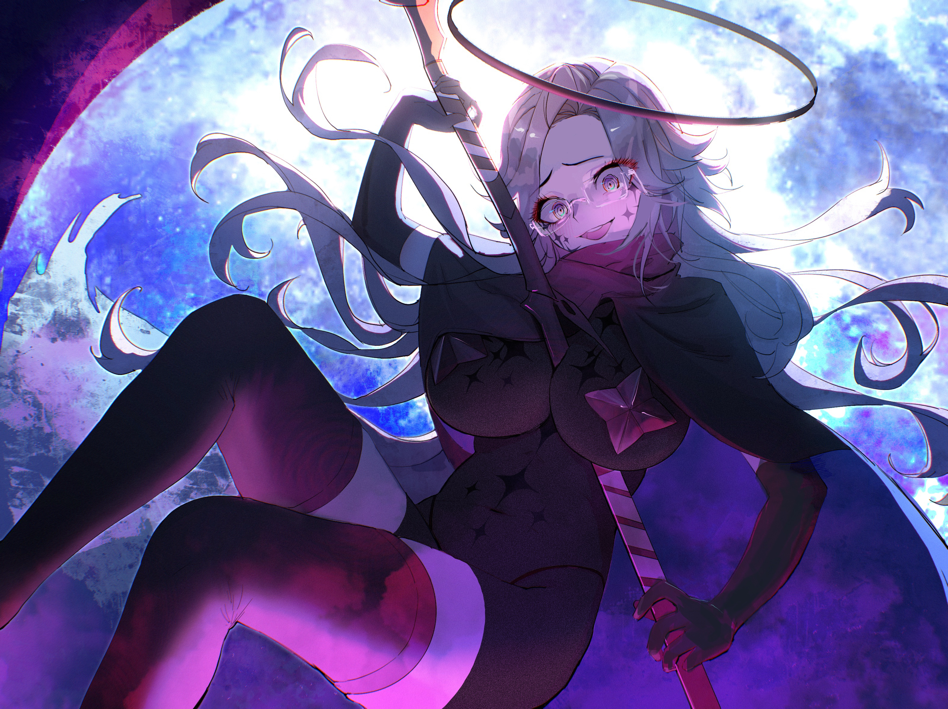 aotsuki eito, mahou shoujo ni akogarete, the hundred line -last defense academy-, black bodystocking, chinese commentary, commentary request, highres, revision, 1girl, alternate universe, arm up, between breasts, black cloak, black gloves, black halo, black panties, black thighhighs, breasts, cloak, covered navel, cross, cross pasties, elbow gloves, evil smile, eyeliner, feet out of frame, floating, fusang0499, genderswap, genderswap (mtf), glasses, gloves, grey hair, halo, holding, holding scythe, holding weapon, large breasts, last defense academy school uniform, long hair, looking at viewer, makeup, no shirt, open mouth, panties, pasties, purple eyes, red eyeliner, school uniform, scythe, smile, solo, star (symbol), thighhighs, underwear, weapon