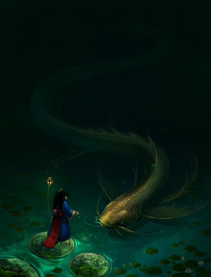 sandara, original, black hair, catfish, dark, fish, flower, japanese clothes, long hair, lotus, solo, water