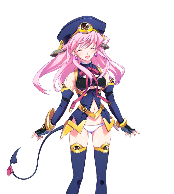 matsuo yukihiro, seira orgel, seira orgel (post-awakening), blood tune, chaos;head, science adventure, game cg, official art, 1girl, arm belt, bandeau, bare shoulders, beret, black bandeau, black gloves, blue hat, blue sleeves, blue thighhighs, blush, covered erect nipples, demon tail, detached sleeves, earrings, eyeball beret, eyeball hat ornament, eyeball sleeves, eyeball thighhighs, facing viewer, fingerless gloves, gloves, gold trim, hat, jewelry, long hair, magical girl, navel, neck ribbon, necktie, open mouth, panties, pink hair, red ribbon, ribbon, smile, solo, sprite, tail, thighhighs, thighs, tongue, transparent background, underwear, weapon, white panties, zettai ryouiki
