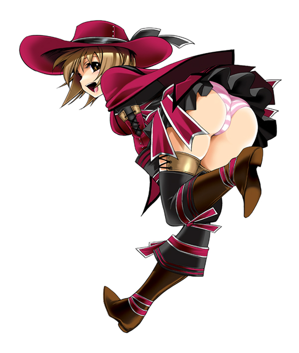 amagai yukino, rian, capcom, monster hunter (series), monster hunter frontier, :d, alternate color, ass, bent over, black thighhighs, blonde hair, boots, brown eyes, brown thighhighs, cape, elbow gloves, from behind, full body, gloves, hat, high heels, leaning forward, leg lift, lien (armor), looking at viewer, looking back, miniskirt, open mouth, orange eyes, panties, pantyshot, pink panties, pleated skirt, purple panties, ribbon, shoes, short hair, simple background, skirt, smile, solo, striped clothes, striped panties, thigh boots, thighhighs, trefoil, underwear, white panties