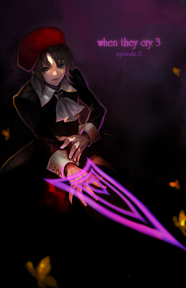 agasang, kanon (umineko), umineko no naku koro ni, bad id, bad pixiv id, 00s, 1boy, brown hair, bug, butterfly, dark, hat, insect, male focus, solo, sword, weapon