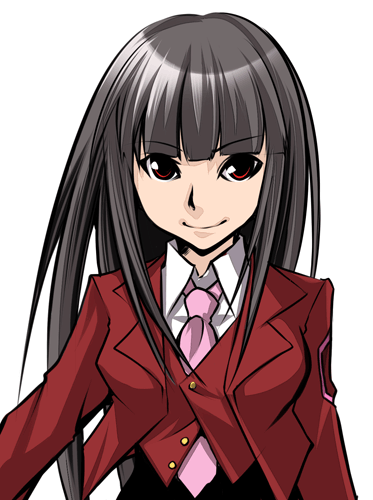 bukkoro, lucifer (umineko), umineko no naku koro ni, lowres, 00s, 1girl, black hair, female focus, long hair, necktie, pink necktie, red eyes, solo