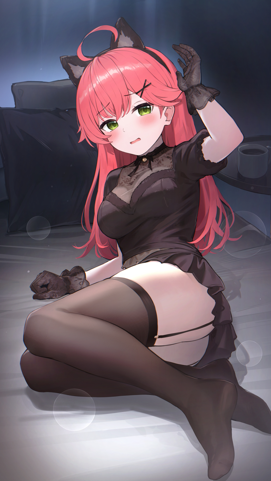 mimihachi, sakura miko, hololive, highres, 1girl, ahoge, alternate costume, animal ear hairband, animal ears, arm support, black dress, black gloves, black thighhighs, blush, cat ear hairband, cat ears, double-parted bangs, dress, fake animal ears, full body, garter straps, gloves, green eyes, hair ornament, hairband, indoors, lace, lace gloves, long hair, looking at viewer, no shoes, on bed, open mouth, pink hair, puffy short sleeves, puffy sleeves, short dress, short sleeves, solo, thighhighs, virtual youtuber, wavy mouth, x hair ornament