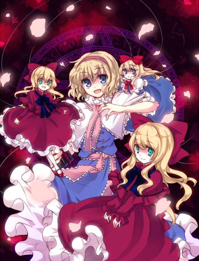 yatosaki haru, alice margatroid, hourai doll, shanghai doll, touhou, artist request, bad id, bad pixiv id, source request, 1girl, blonde hair, blue eyes, capelet, dress, female focus, frills, hairband, petals, short hair, solo