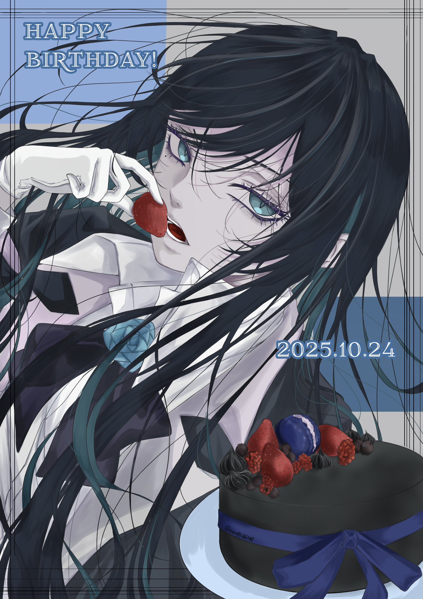 rei (zero95186548), chando (ado), ado (utaite), commentary, highres, 1girl, black hair, blue eyes, blue hair, cake, colored inner hair, dated, food, fruit, happy birthday, long hair, looking at viewer, macaron, mole, mole under eye, multicolored hair, open mouth, raspberry, shirt, solo, strawberry, teeth, upper body, utaite, white shirt