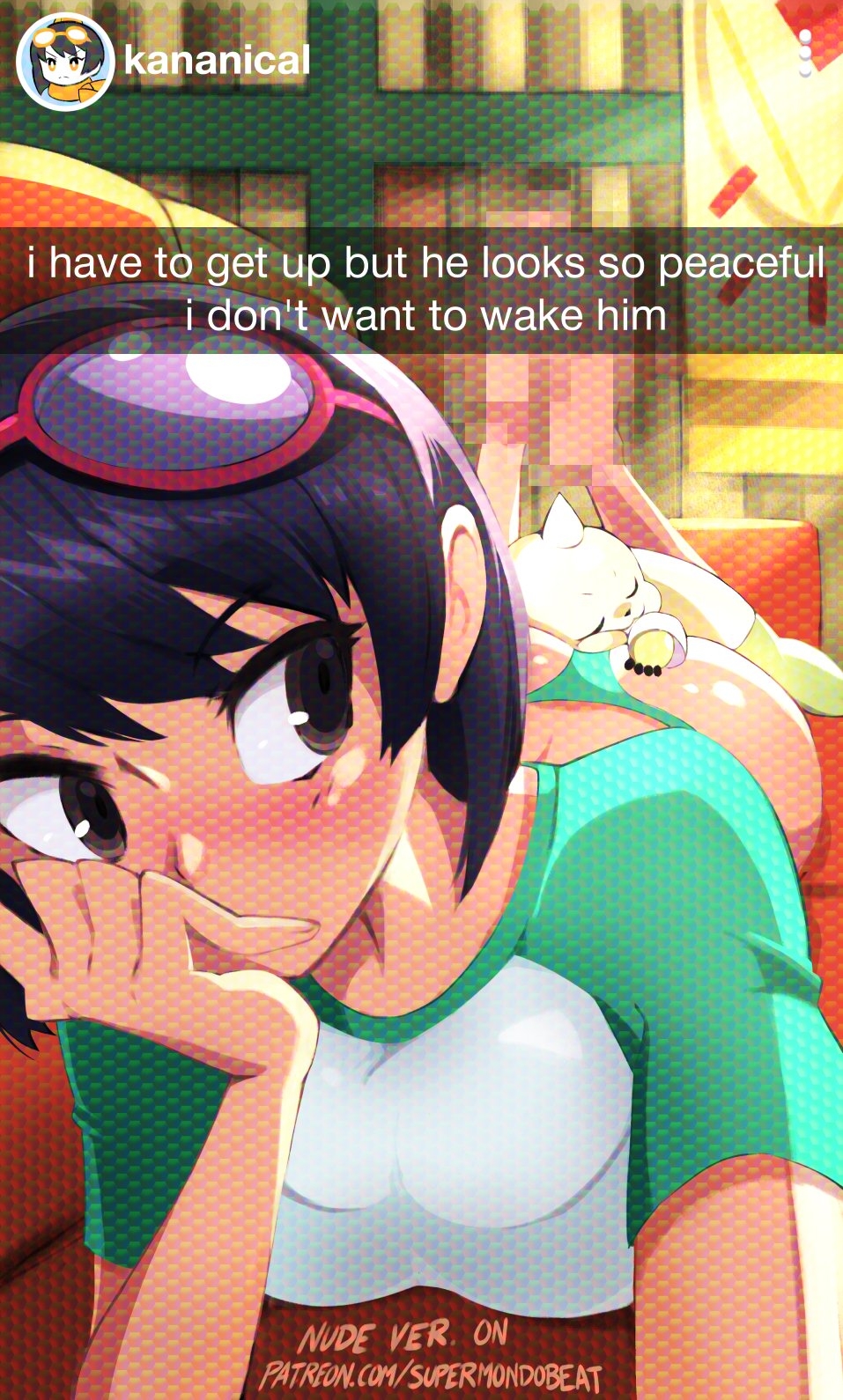 supermondobeat, terriermon, yuuki kanan, digimon, digimon story: time stranger, commentary, english commentary, highres, paid reward available, 1girl, 1other, aqua panties, ass, blush, digimon (creature), eyewear on head, finger to mouth, horns, lying, on stomach, panties, selfie, single horn, sleeping, sunglasses, underwear