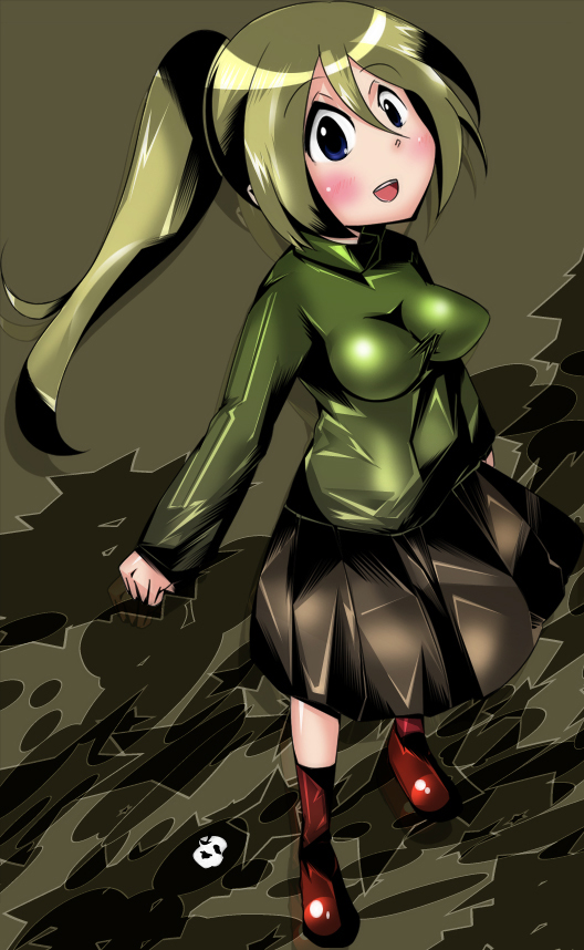 haruhara, poniko, uboa, yume nikki, bad id, bad pixiv id, 1girl, blonde hair, green shirt, ponytail, shirt