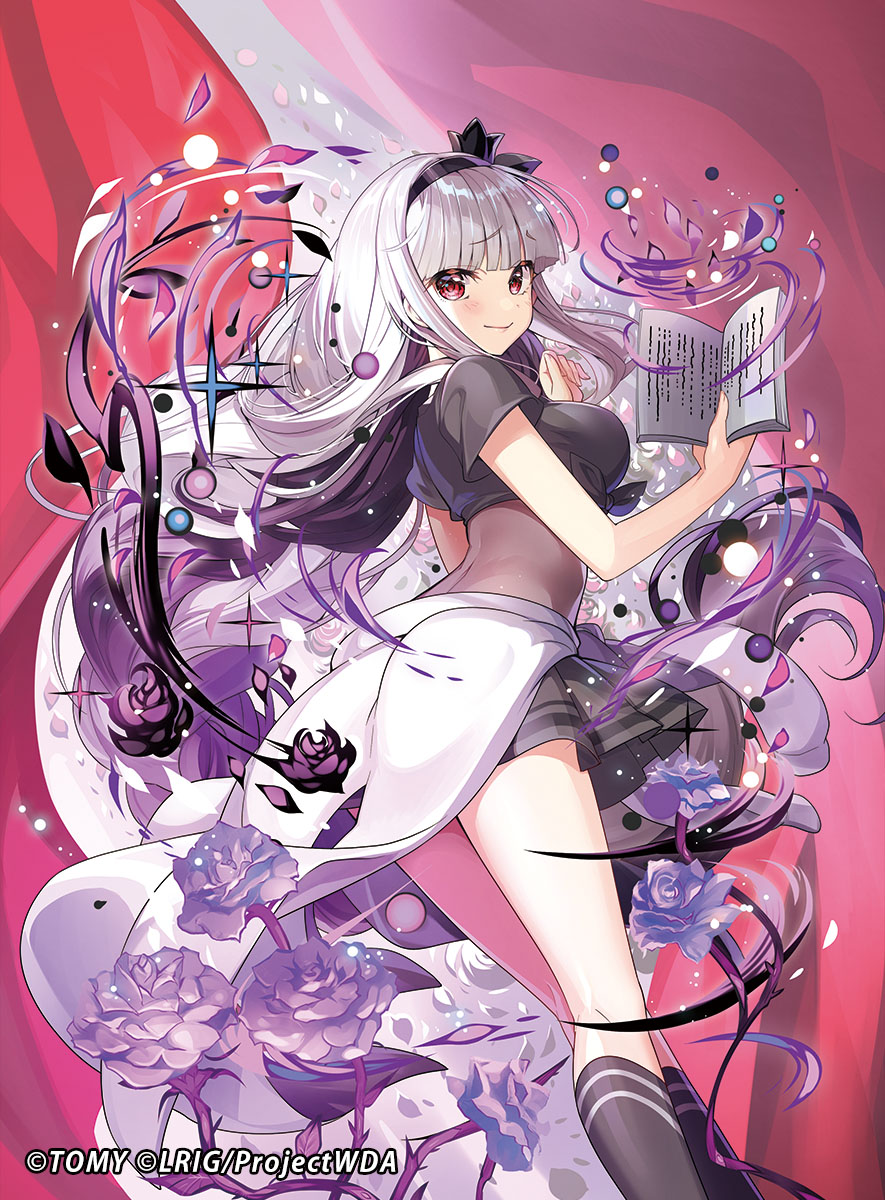 chachie, alfou (wixoss), wixoss, highres, official art, 1girl, black hair, black hairband, black shirt, black skirt, book, braid, closed mouth, clothes around waist, copyright notice, flower, grey hair, hairband, holding, holding book, long hair, looking back, multicolored hair, open book, purple flower, purple petals, red eyes, shirt, short sleeves, single braid, skirt, solo, sparkle, very long hair