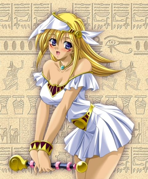 dark magician girl, mana (yu-gi-oh!), yu-gi-oh!, yu-gi-oh! duel monsters, 1girl, bare shoulders, blonde hair, blue eyes, blush, breasts, cleavage, dress, duel monster, female focus, happy, jewelry, necklace, open mouth, rod, skirt, smile, solo, staff, wristband