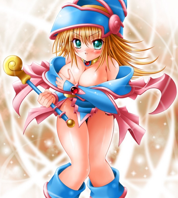 kogarashi (wind of winter), dark magician girl, yu-gi-oh!, yu-gi-oh! duel monsters, yuu-gi-ou, blonde hair, blush, breasts, cleavage, duel monster, green eyes, jewelry, necklace, thighhighs