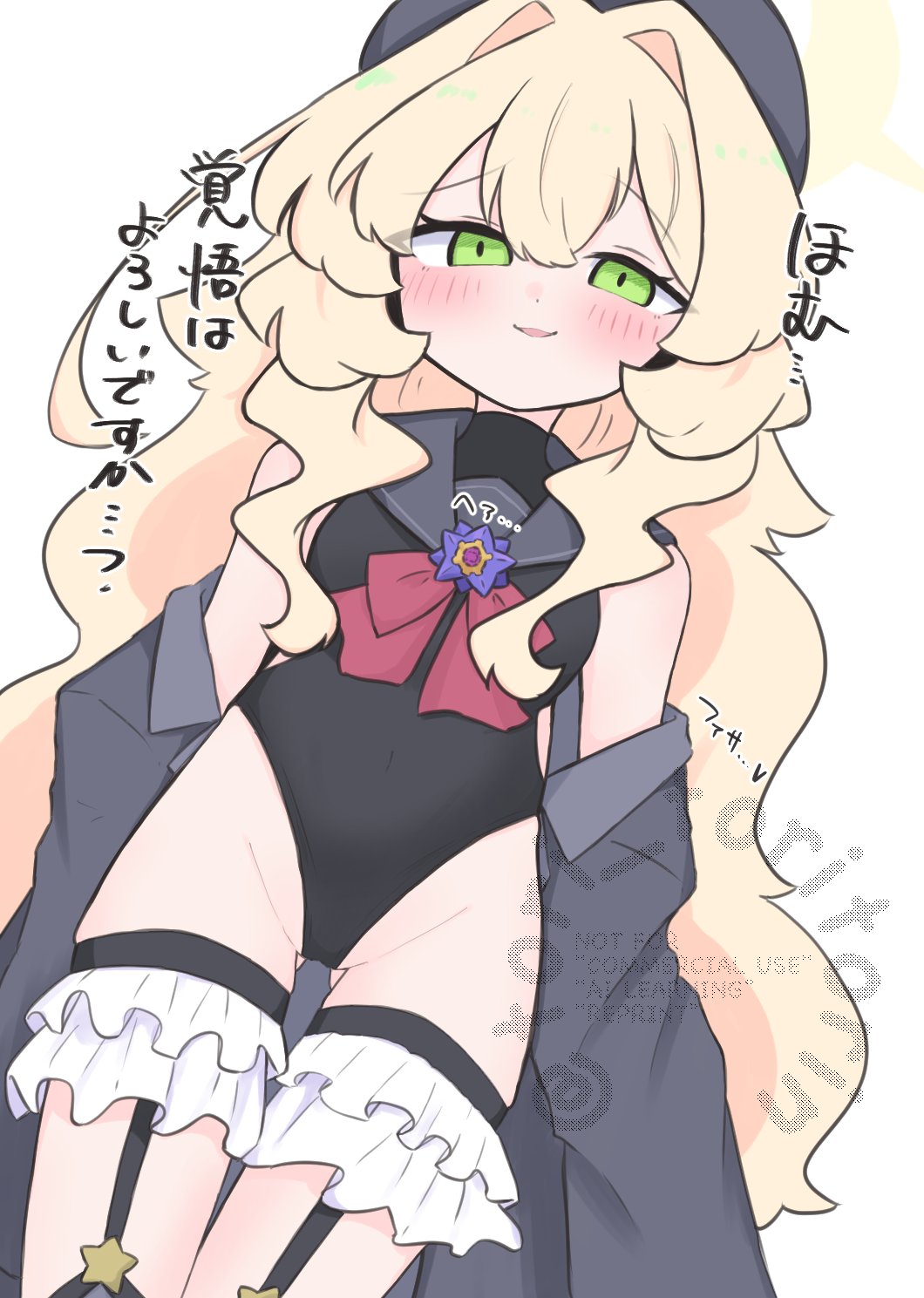 kujou karasuma, professor niyaniya (blue archive), shimiko (blue archive), shimiko (magical) (blue archive), blue archive, commentary request, highres, translation request, 1girl, adapted costume, bare shoulders, beret, black leotard, blonde hair, blush, bow, cosplay, covered navel, garter straps, gluteal fold, green eyes, grey hat, grey jacket, grey sailor collar, groin, hair between eyes, hair intakes, halo, hat, jacket, leotard, long hair, looking at viewer, off shoulder, open clothes, open jacket, parted lips, red bow, sailor collar, shimiko (blue archive) (cosplay), simple background, smile, solo, thigh gap, very long hair, watermark, white background