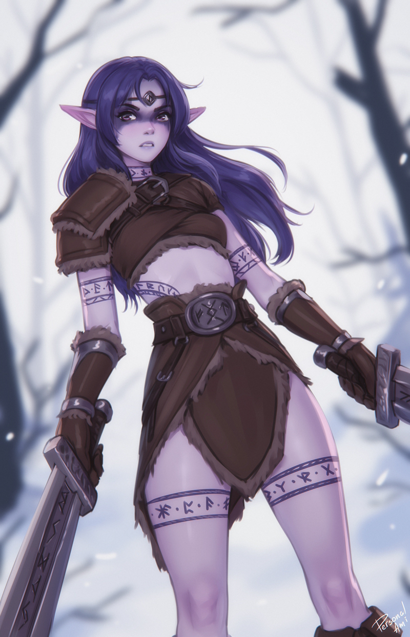 personal ami, original, commentary, english commentary, highres, 1girl, breasts, colored skin, gloves, holding, holding weapon, long hair, pointy ears, purple skin, small breasts, solo, sword, weapon