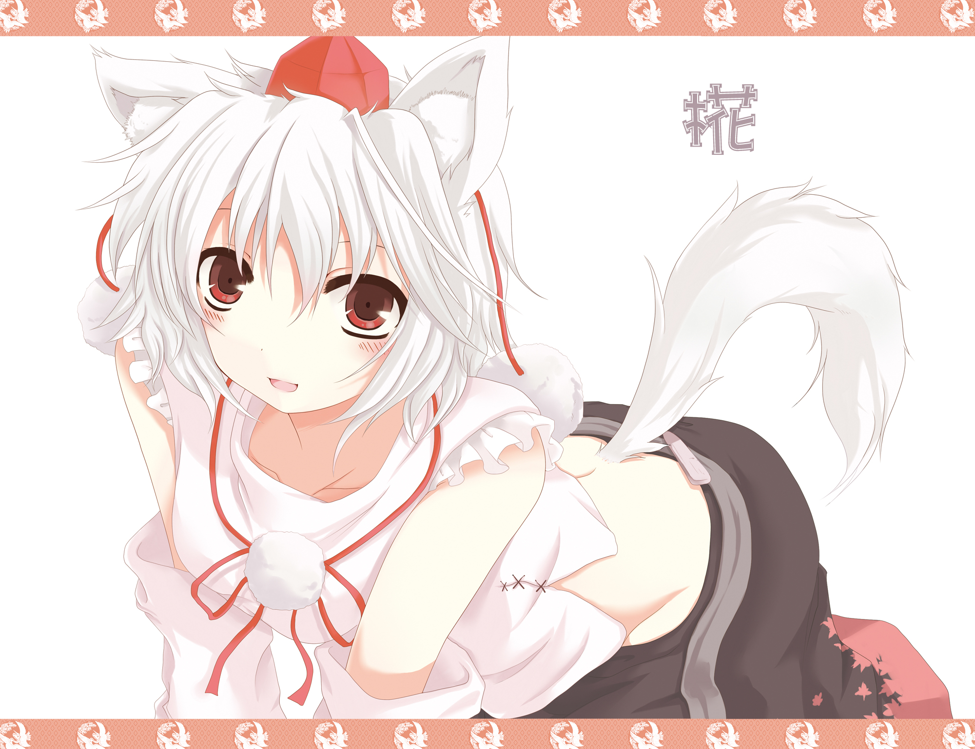nejime, inubashiri momiji, touhou, bad id, bad pixiv id, highres, 1girl, all fours, animal ears, character name, detached sleeves, female focus, hat, red eyes, short hair, solo, tail, tokin hat, white background, white hair, wolf ears, wolf tail