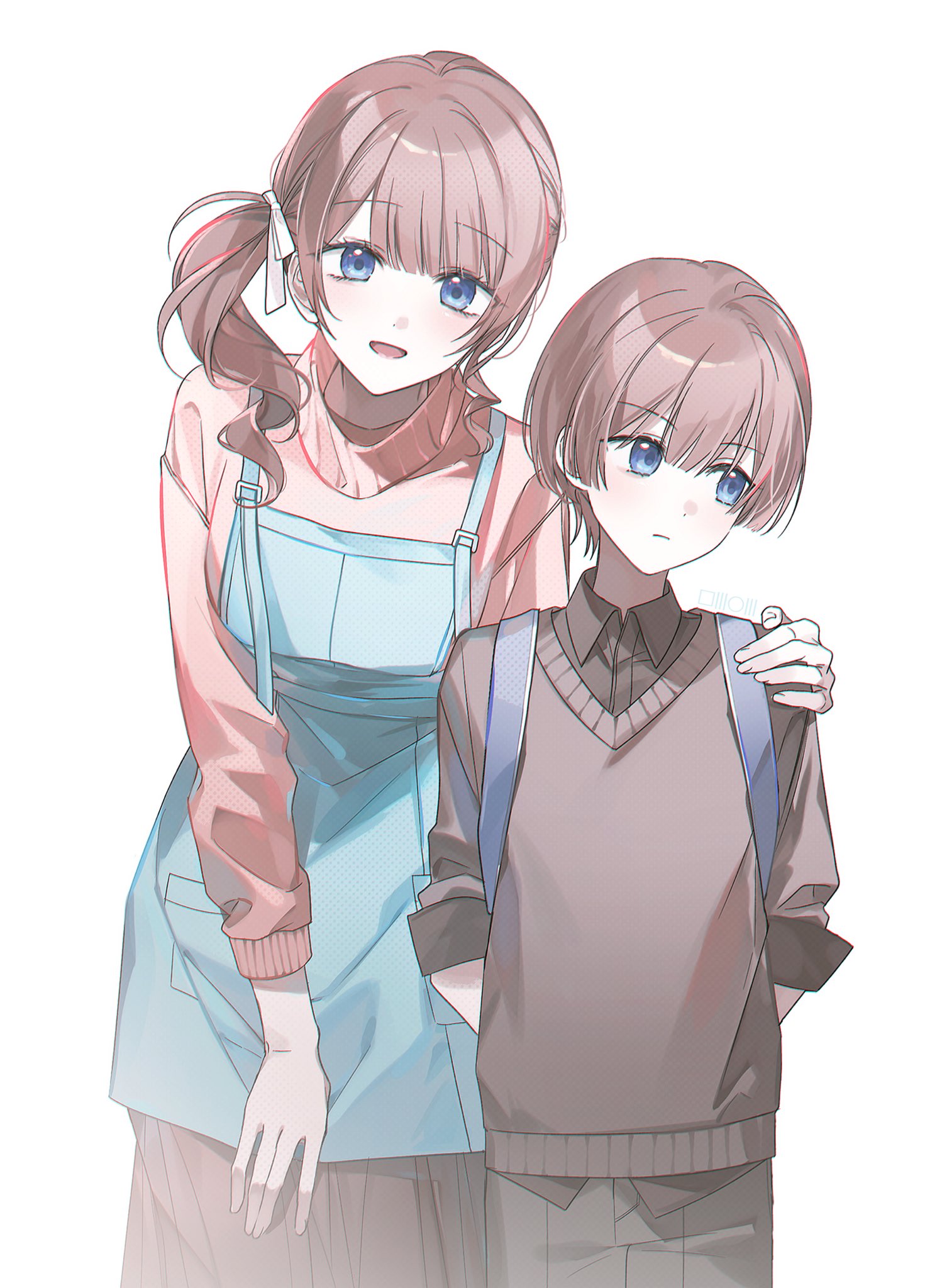 mochizuki honami, project sekai, highres, 1boy, 1girl, apron, blue eyes, brother and sister, brown hair, hand on another's shoulder, m33hae, open mouth, shirt, short hair, siblings, side ponytail, simple background, smile, sweater, white background