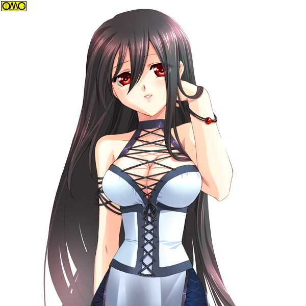 omc, original, 1girl, adjusting hair, black hair, bracelet, breasts, cleavage, corset, criss cross front, dress, female focus, front-tie top, jewelry, lace, large breasts, long hair, red eyes, sleeveless, solo, very long hair, watermark