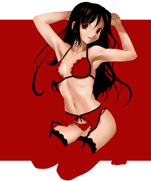 katahira masashi, original, 1girl, armpits, arms up, black hair, bra, female focus, full body, garter belt, garter straps, halterneck, kneeling, lingerie, long hair, panties, parted lips, red eyes, red theme, red thighhighs, simple background, solo, thighhighs, underwear, underwear only