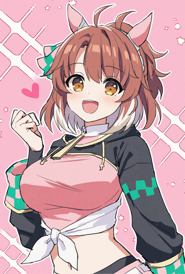 mauve, dantsu flame (center spotlight) (umamusume), dantsu flame (umamusume), umamusume, 1girl, ahoge, animal ears, black leggings, black shrug, blush, bow, breasts, brown eyes, brown hair, checkered ribbon, ear covers, ear ornament, ear ribbon, hair between eyes, heart, horse ears, horse girl, large breasts, leggings, leggings under shorts, looking at viewer, midriff, multicolored hair, navel, open mouth, pink shirt, pink shorts, shirt, shorts, shrug (clothing), smile, solo, teeth, tied shirt, upper body, upper teeth only, white hair
