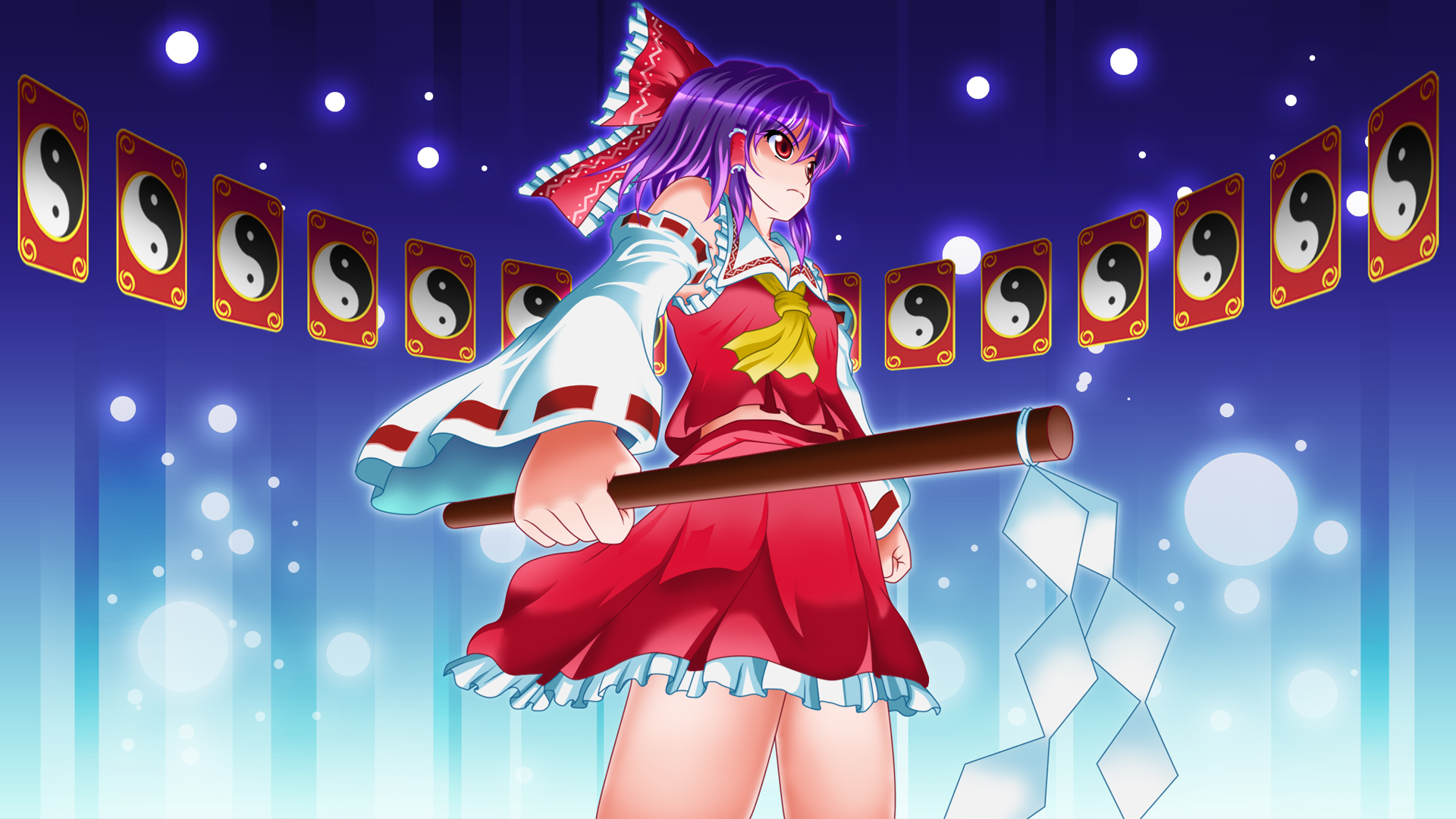 nabeya, hakurei reimu, touhou, highres, 1girl, danmaku, female focus, gohei, gradient background, purple hair, red eyes, skirt, solo