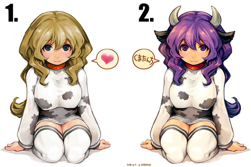 shigatake, ushi-oneesan, kumatanchi, 2girls, :3, animal ears, animal print, blue eyes, breasts, brown hair, collar, cow ears, cow girl, cow print, dated, heart, horns, large breasts, long hair, multiple girls, purple eyes, purple hair, smile, thighhighs