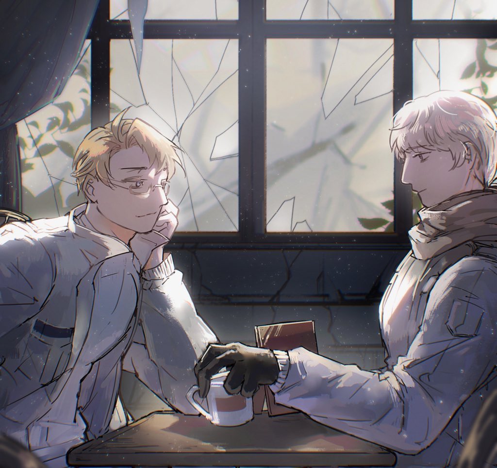 america (hetalia), russia (hetalia), axis powers hetalia, commentary request, 2boys, ahoge, black gloves, blonde hair, blue eyes, blurry, blurry background, breast pocket, broken glass, brown scarf, chair, closed mouth, cup, curtains, day, glass, glasses, gloves, half-closed eyes, hand on own face, hand up, holding, holding cup, indoors, jacket, leaf, long sleeves, looking at another, male focus, multiple boys, on chair, open clothes, open jacket, pocket, puffy long sleeves, puffy sleeves, purple eyes, scarf, semi-rimless eyewear, shadow, shirt, short hair, sitting, sky, smile, table, upper body, vampiryprpr, white hair, white jacket, white shirt, window, yellow sky