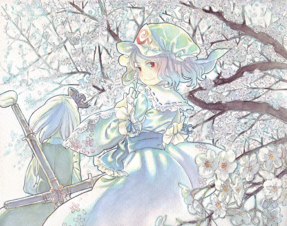 aka renga, raian, konpaku youmu, saigyouji yuyuko, touhou, silver hair, traditional media, 2girls, cherry blossoms, female focus, flower, hat, katana, multiple girls, pink hair, red eyes, sheath, sheathed, short hair, sword, weapon